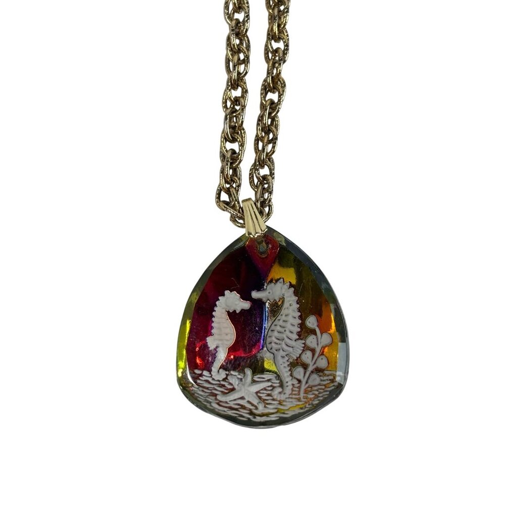 Vintage 70s Seahorse Necklace Rainbow Holographic Tropical Vacation Long Chain P - Picture 4 of 9